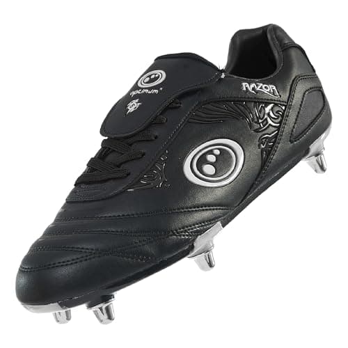 Image of Optimum Razor Kids Rugby Boots, Lightweight 8 Stud Design Crafted for Elite Traction & Power to Drive Through the Scrum, Performance Ready for Soft Ground (SG) Grass Pitches - Black/Silver, Size 6