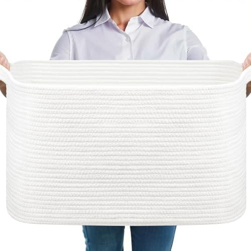 Image of JOJOSEE Large Storage Basket, Blanket Basket for Clothes Bedding, Woven Storage Baskets, Toy Storage for Kids, Rope Basket for Living Room, Nursery, Bedroom 55x38x30 cm (White, 1 Pack)