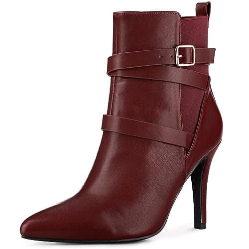 Image of Perphy Pointy Toe Elastic Cross Straps Stiletto Heel Ankle Boots for Women Burgundy 6 UK/Label Size 8 US
