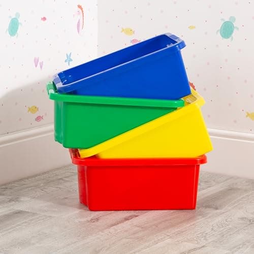 Image of Wham Stack & Store 4 x 16L Plastic Storage Boxes | Ideal for Toys, Classrooms & Playrooms | Stackable & Nestable | Integrated Handles | Made in UK - Mixed Colours