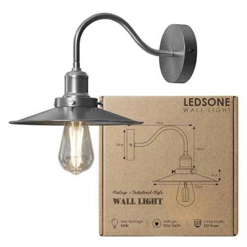 Image of LEDSone Vintage Retro Industrial Satin Nickel Wall Sconce Light Swan Neck Arm Wall Lamp Shade with Flat lamp Shade, E27 Holder Fitting