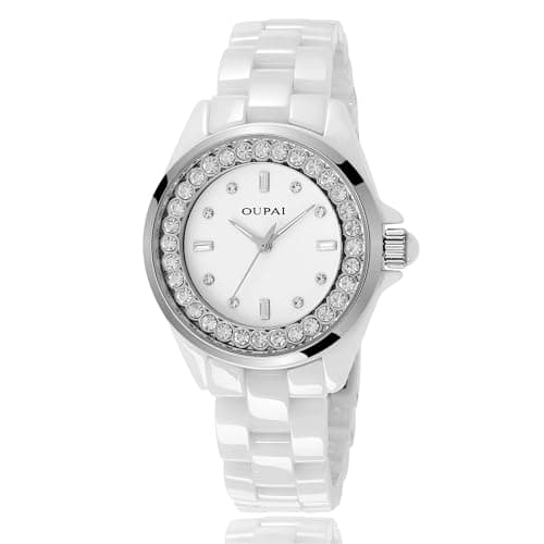 Image of OUPAI White Ceramic Watches for Women, Fashion Ladies Watch Elegant Dress Women's Wristwatches with Diamond Waterproof Quartz