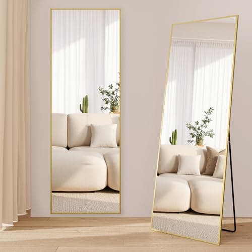 Image of SONGMICS Full Length Mirror, Rectangle Full Body Floor Mirror with Stand, Aluminium Alloy Frame, Tempered Glass, for Bedroom, Living Room, Cloakroom, Square Corner, 160 x 50 cm, Pale Gold LFM050AB01