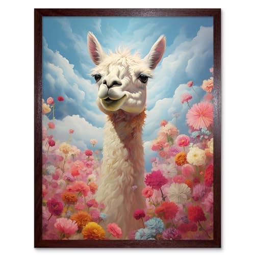 Image of Artery8 Happy Llama Peeking Head Over Pink Flowers Bright Colourful Artwork Kids Bedroom Dreamy Spring Meadow Artwork Framed Wall Art Print 9X7 Inch