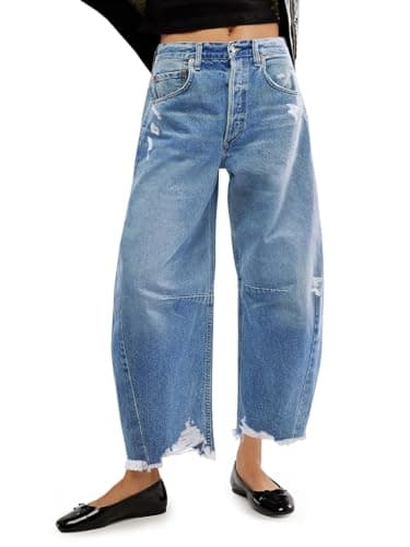 Image of Cicy Bell Women's Baggy Wide Leg Boyfriend Jeans Mid Rise Barrel Cropped Raw Hem Denim Pants, Light Blue, 10