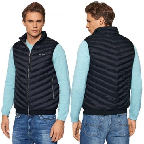 Image of Armani Exchange Men's Real Down Quilted Packable Vest, Navy/Melange Grey, XXL