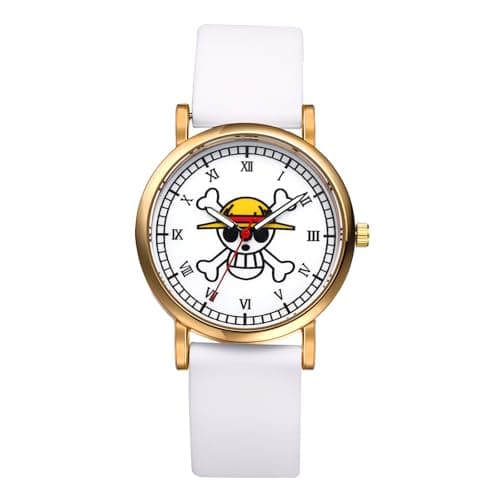 Image of JewelryWe Unisex Skull Quartz Watch: Men Women White Ultra Thin Anime Silicone Strap Analog Roman Numerals One Piece Dial Cute Student Wristwatch