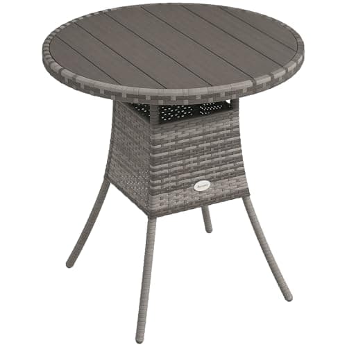 Image of Outsunny 70 cm Outdoor Dining Table, PE Rattan Patio Table with Wood-plastic Composite Top for Balcony, Garden, Grey