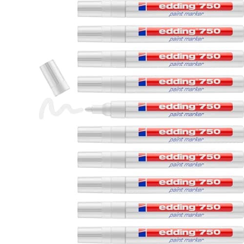 Image of edding 750 paint marker - white - 10 pens - round tip 2-4 mm - paint marker for marking and labelling metal, glass, rocks or plastic - heat-resistant, permanent, smudge-proof and waterproof
