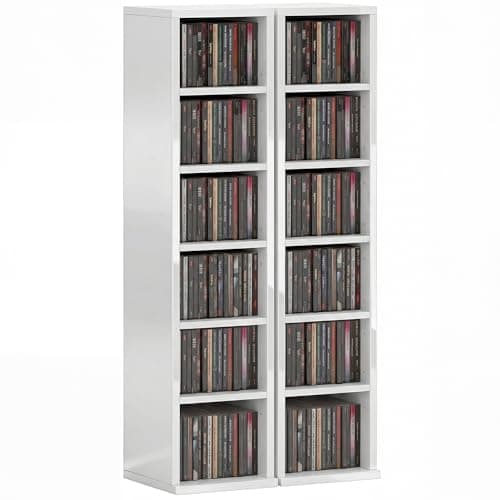 Image of HOMCOM 204 CD Storage Units Set of 2, Blu-Ray Tower Rack with Adjustable Shelves, Bookcase Storage Organiser, High Gloss White