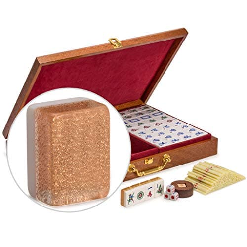 Image of Yellow Mountain Imports Classic Chinese Mahjong Game Set, Champagne Gold - with 148 Medium Size Tiles and a Wooden Case - For Chinese Style Game Play