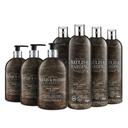 Image of Baylis & Harding Elements Dark Fig & Amber Toiletries Bundle: 3 x 500 ml Hand Wash & 4 x 500 ml Body Wash (7 bottles) - Vegan Friendly