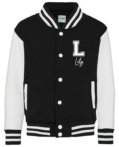 Image of Daytripper Personalised Kids Varsity Jacket, Custom Initial & Name, Girls and Boys, Baseball Jacket, Children's, Unisex, Hoodie, Coat (UK, Age, 5 Years, 6 Years, Regular, BLACK)