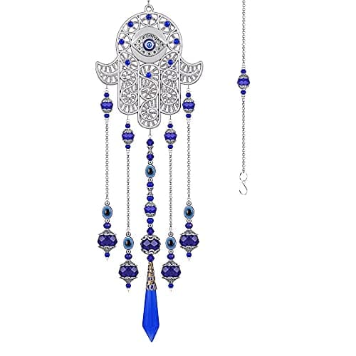 Image of Crystal Prism Suncatcher Ornament with Hamsa Fatima Hand Protection Charm Turkish Greek Blue Evil Eye Sapphire Crystals Beads for Window Hanging Decoration