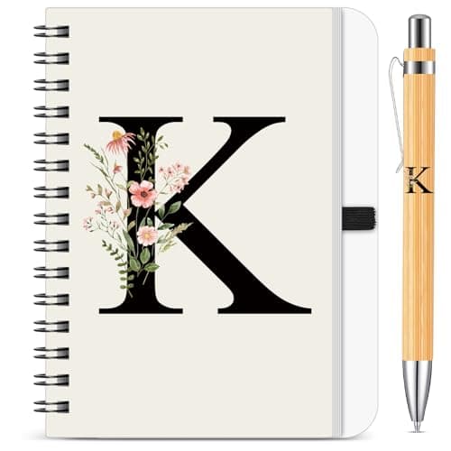 Image of BBTO Personalized Initial K Spiral Notebook and Pen Set for Women, Floral B6 Notebook with Bamboo Pen Letter Gift for Nurse Teacher Colleague Leaving Employee Appreciation New Job Congratulations Gift