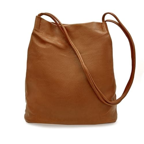 Image of Woodland Leathers Women's Medium Size Vegan Leather Hobo Bucket Tote Handbags For Women - Elegant Black Handbag With Long Straps, Stylishly Spacious Designer Elegance bags for women (Tan)