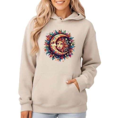 Image of Sassy Souls Sun Moon Sun And Moon Celestial Graphic Hoodie For Women Vibrant Bohemian Illustrative Art Pullover Sweatshirt XL (18-20) Sand