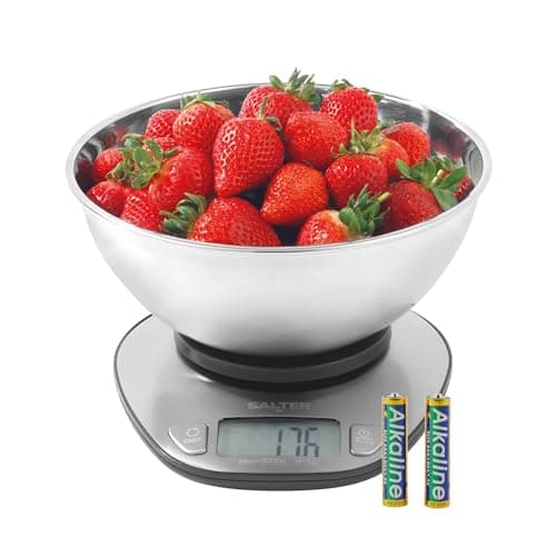Image of Salter Digital Bowl Scale – Electronic Food Weighing Scales, 5kg/11lbs Capacity, Stainless Steel Dishwasher Safe 2-Litre Measuring Dish, Tare Function, Measures Liquids, LCD Backlit Display, Dual-Use