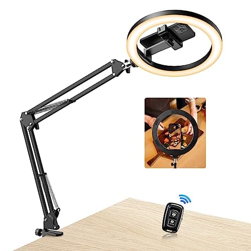 Image of Evershop Ring Light with Tripod Stand & Phone Holder Overhead Mount,10" Ringlight Desk Streaming Phone Halo Light Flexible 3 Light Colors+10 Brightnesses 360°Rotatable Lighting Tiktok YouTube,CRI>95