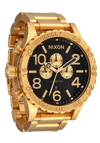 Image of NIXON 51-30 Chrono A1389-300m Water Resistant Men's Analog Fashion Watch (51mm Watch Face, 25mm Stainless Steel Band), All Gold / Black, One Size, 51-30 Chrono