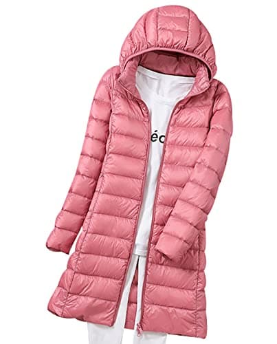 Image of Lightweight Down Jacket Women Packable Ladies Puffer Jacket Long Puffer Coats for Women Puffa Jackets With Hood Oversized Longline Waterproof Womens Down Feather Coat Quilted Padded Jackets Pink L