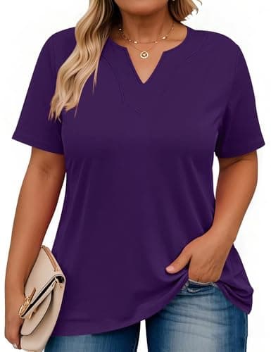Image of Rapbin Womens Plus Size T Shirts Summer Tops Short Sleeve V-Neck Overszied Tee Loose Fit Shirt Casual Tunic 2025 (3XL, Purple)