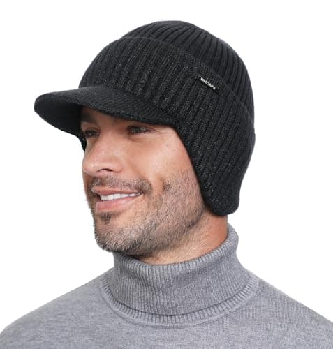 Image of Wmcaps Mens Beanie with Brim and Ear Flaps, Windproof Fleece Lined Knit Winter Hat, Warm Outdoor Mens Wooly Hats, Gifts for Dad, Dark Grey