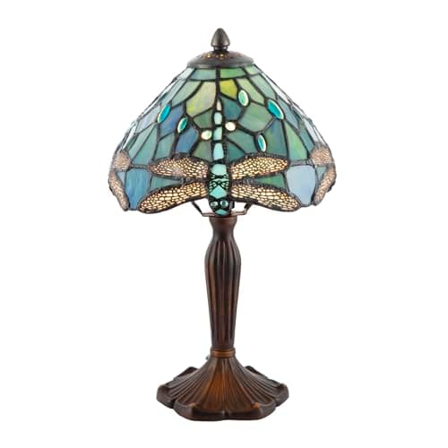 Image of Happy Homewares Handmade Emerald Green Stained Glass 8 Inch Tiffany Lamp with Dragonfly Design | 22cm x 36cm | Antique Bronze Resin Base
