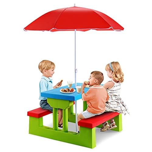 Image of GYMAX Kids Picnic Table, Garden Toddler Bench Set with Detachable Umbrella, Indoor Outdoor Children Activities Play Table for Boys Girls (Green + Red + Blue)