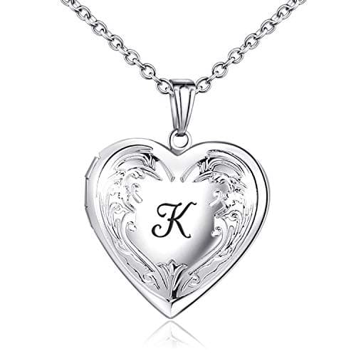 Image of MUERDOU Locket Necklace that Holds Pictures Initial Alphabet Letter Heart Shaped Photo Memory Locket Pendant Necklaces K