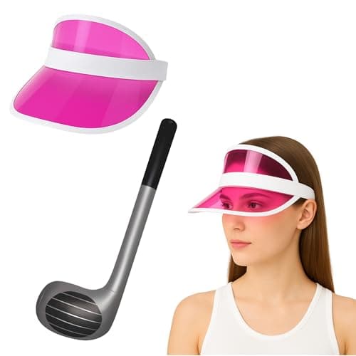 Image of Visor Hat & Inflatable Golf Club Fancy Dress Set – Fun Costume Accessories for Adults – Fun Sports Cosplay Party Props, Themed Events, Stag Do, Photo Booth (Pink Visor Hat + Inflatable Golf Club)