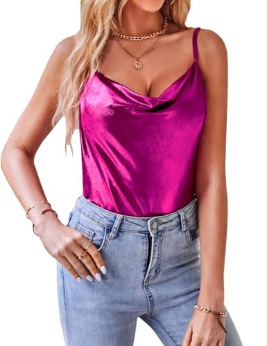 Image of VIDUSSA Sparkly Tops for Women Cowl Neck Glitter Vest Top Spaghetti Strap Cami Tank Shirt Blouse Rose Red M