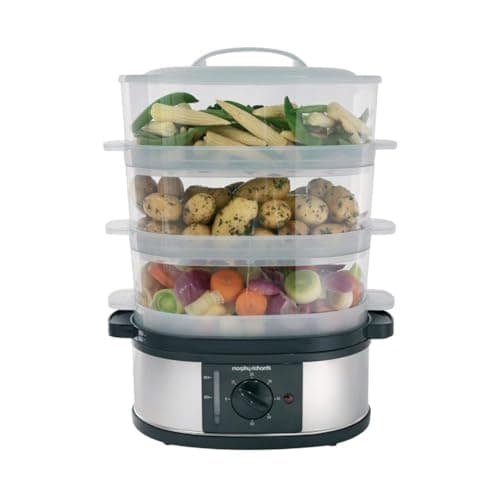 Image of Morphy Richards 3 Tier Food Steamer, 9L, 60 Minute Timer with Bell, Instant Steam Production, Visible Water Gauge, Rice Tray, 750W, Stainless Steel, 48755