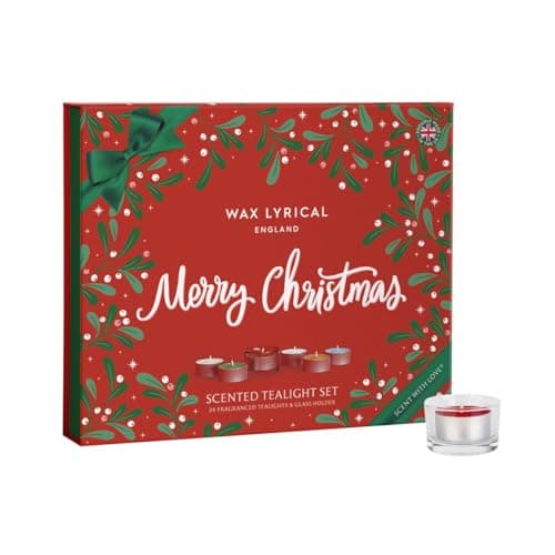 Image of Wax Lyrical England Merry Christmas Scented Tealight Set, 24 Fragranced Tealights with Glass Holder, Red