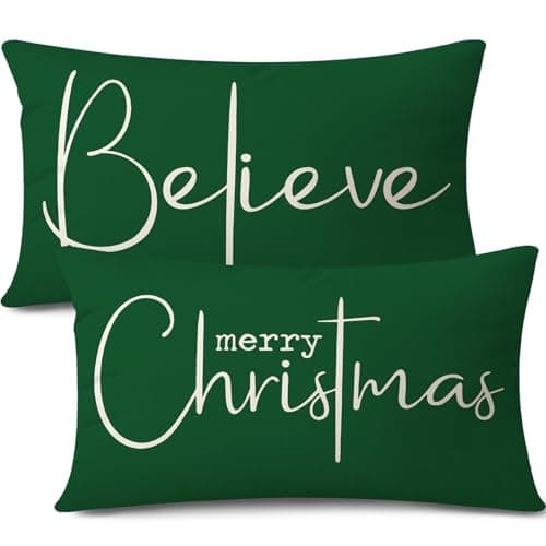 Image of JOTOM Christmas Cushion Covers 30x50 cm Set of 2 Merry Christmas Lumbar Throw Pillow Covers 12x20 Inch Farmhouse Decorations Holiday Decor Believe Cushion Case for Home Couch (Green)