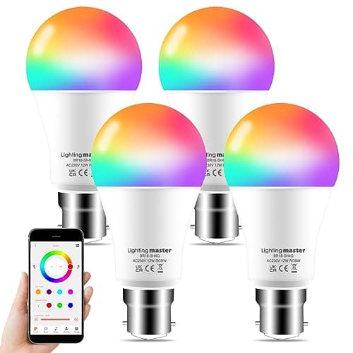 Image of Lighting master Alexa Light Bulbs 12W 1280LM, Bluetooth Smart Bulb Colour Changing, 16 Million RGB Colours + Warm to Daylight White Dimmable, B22 Bayonet Led Bulbs By APP and Voice Control (4 Pack)