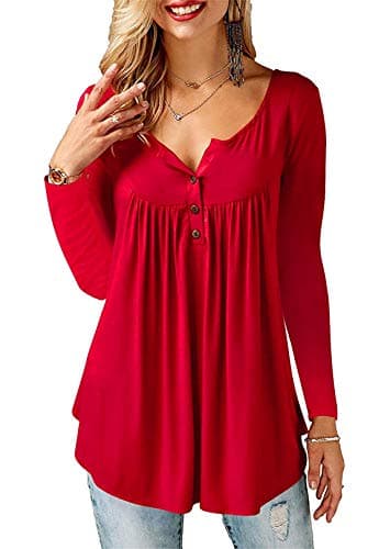 Image of BeLuring Long Sleeve T-Shirts Women Ladies Red T Shirts Casual Loose Tunic Long Tops Blouses, 18-20, A - Red