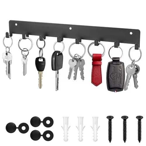 Image of QJKEJI Key Holder for Wall, Key Hooks Wall Mounted, Keys Racks, Black Metal Keys Hooks Hangers with 8 Hook Heavy Duty for Hallway Kitchen Bedroom Living Room Bathroom Office
