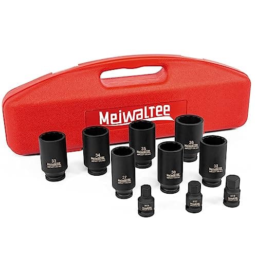 Image of Meiwaltee Impact Wrench Nut Set, 1/2" Drive Deep Impact Socket Set, 10-Piece Metric Sizes : 27-30-32-33-34-35-36 mm Include H14-H17-H19 Hex Bit Insert | 12 Points | Cr-Mo Steel