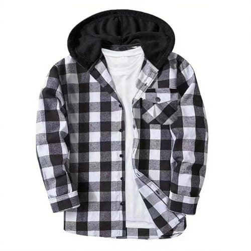 Image of AMhomely Tartan Shacket Kids-Checked Shirt Jacket Kid-Hooded Shirts,Boys and Girls,Long Sleeve,Button Down,Breasted Pocket,Casual Hoodie Coat for 5-16 Years Teenager A Black 9-10 Years