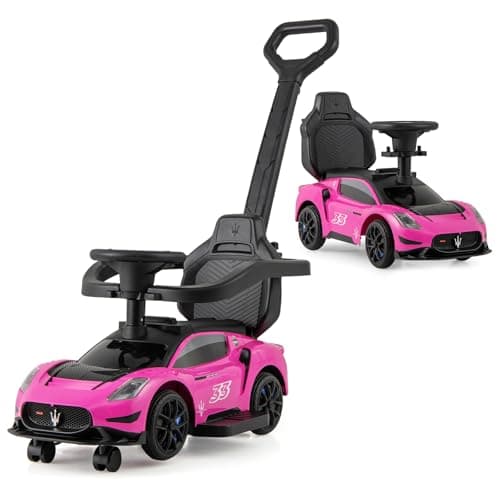 Image of COSTWAY 3 in 1 Ride on Push Along Car, Maserati Licensed Foot to Floor Slider with Parent Handle, Horn, Music, Storage Compartment, Toddler Sliding Walker for 18-60 Months Old (Pink)