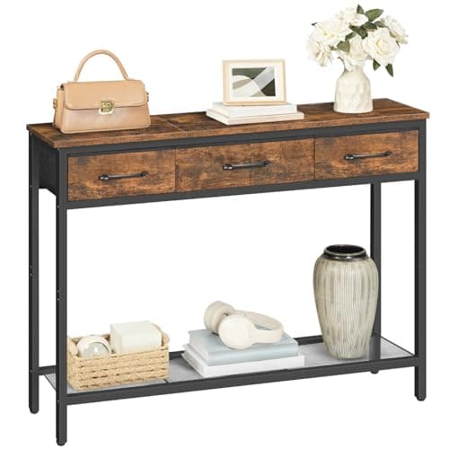 Image of MAHANCRIS Console Table with 3 Fabric Drawers, Narrow Console Table with Open Shelf, 97 cm L Slim Entryway Table, Couch Table, for Hallway, Living Room, Bedroom, Rustic Brown and Black ACTHR3301