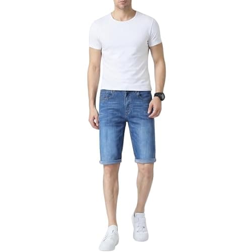 Image of Mens Denim Stretch Shorts Slim Fit Cotton Elastane Short Jeans Zip Fly Button Casual Summer Holiday Designer Short Pants with Belt Loops Light Blue 32W