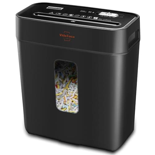 Image of VidaTeco Cross-Cut Shredder, Heavy Duty 6 Sheet Shreds Paper/Card/Staple/Clip Paper Shredder for Home Office, High-Security Level P-4 5-Minute Continuous Shredding 11.5L Liftout Basket Black