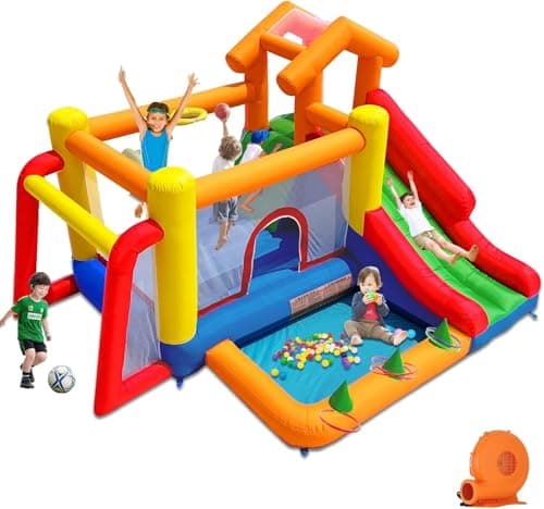 Image of Ballsea Bouncy Castle, Inflatable Bounce Castle House with Slide, Inflatable Slide with Air Blower for Kids Indoor Outdoor