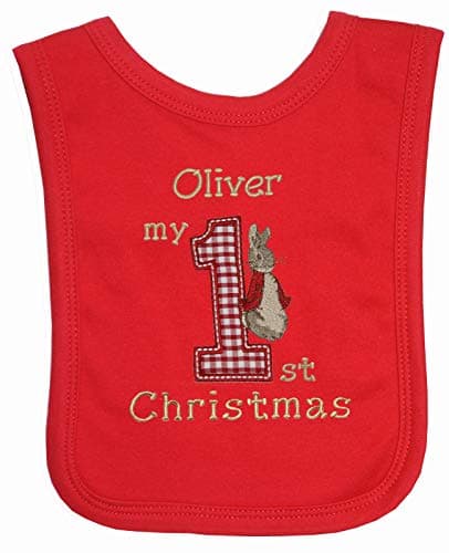 Image of Boy's Personalised 1st Christmas Peter The Rabbit Bib.