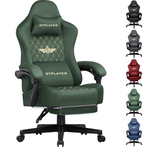 Image of GTPLAYER Fabric Gaming Chair, Ergonomic Computer Chair with Footrest and Lumbar Support Height Adjustable Home Office Chair with 360°-Swivel Seat and Headrest (Green)