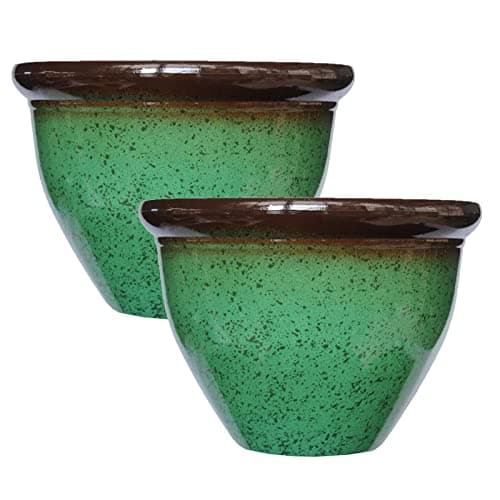 Image of simpa Speckle Glaze Effect Plastic Planter Pots - GREEN, Set of 2 Pots - 30cm (H) x 39.5cm Diameter