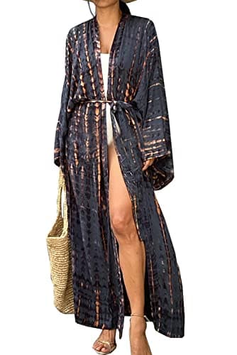 Image of LikeJump Women's Long Floral Kimono Dressing Gown Beach Bikini Cover-Ups Maxi Dress Plus Size Summer Robe