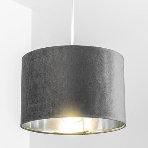 Image of CGC Lighting Modern Velvet 30cm Drum Ceiling Lamp Shade Pendant Table Lamp Bedroom Dining Room Lounge (Grey)